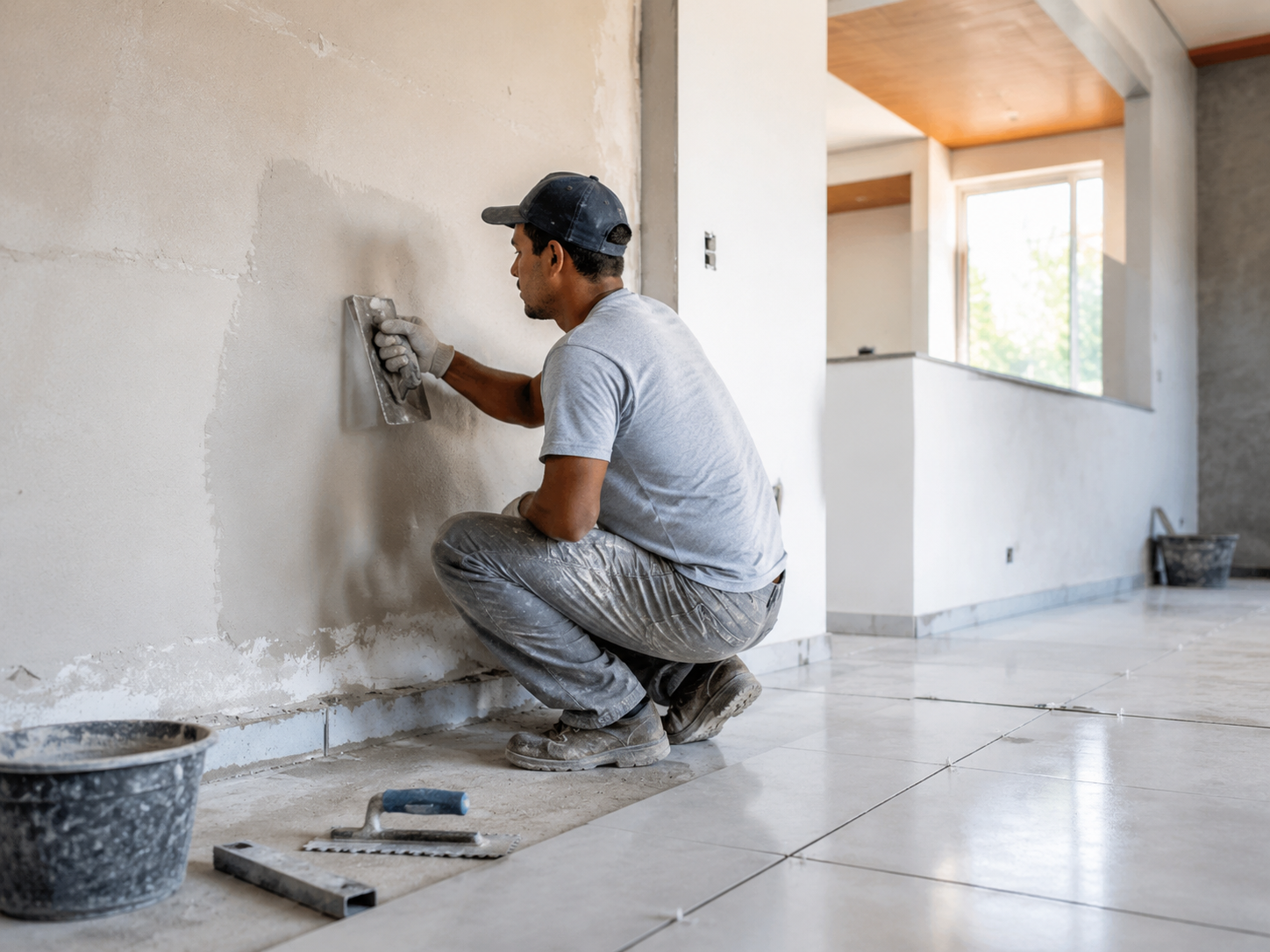 Profissional aplicando reboco em uma parede