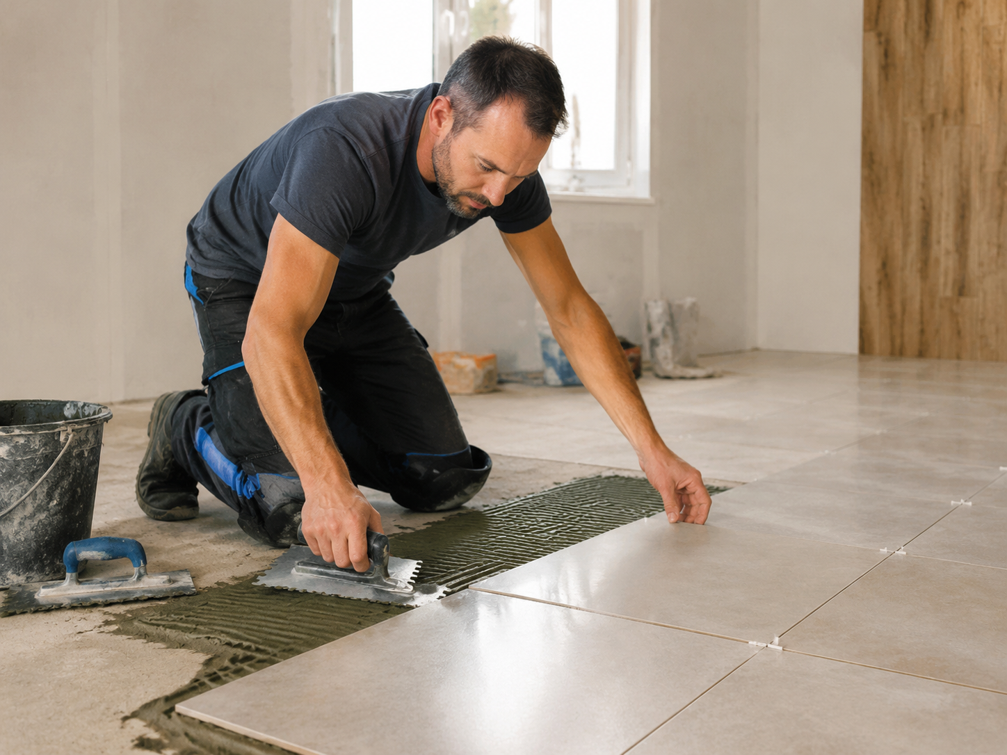 Profissional assentando pisos cerâmicos em um ambiente